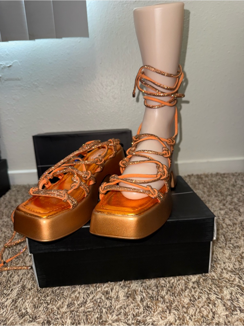 Cape Robbin Metallic Orange Strappy Platform Heels